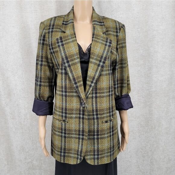 Sag Harbor Green & Navy Vintage Wool Blend Plaid Blazer Women's Size 12 - Picture 1 of 16